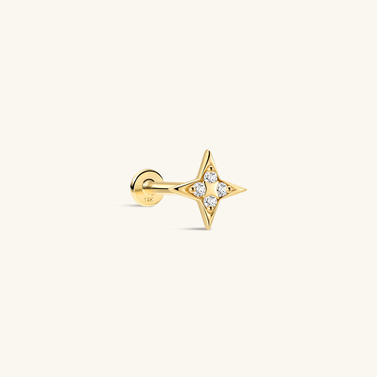 KOSINER Starlight Dainty Four-Point Star Flat Back Stud side profile, crafted in solid 14K gold, sleek four-point star silhouette inlaid with four round clear cubic zirconia stones, internally threaded labret post with 14K stamp, hypoallergenic cartilage piercing ear stud for helix, tragus and lobe wear
