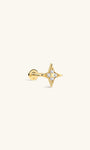 KOSINER Starlight Dainty Four-Point Star Flat Back Stud side profile, crafted in solid 14K gold, sleek four-point star silhouette inlaid with four round clear cubic zirconia stones, internally threaded labret post with 14K stamp, hypoallergenic cartilage piercing ear stud for helix, tragus and lobe wear