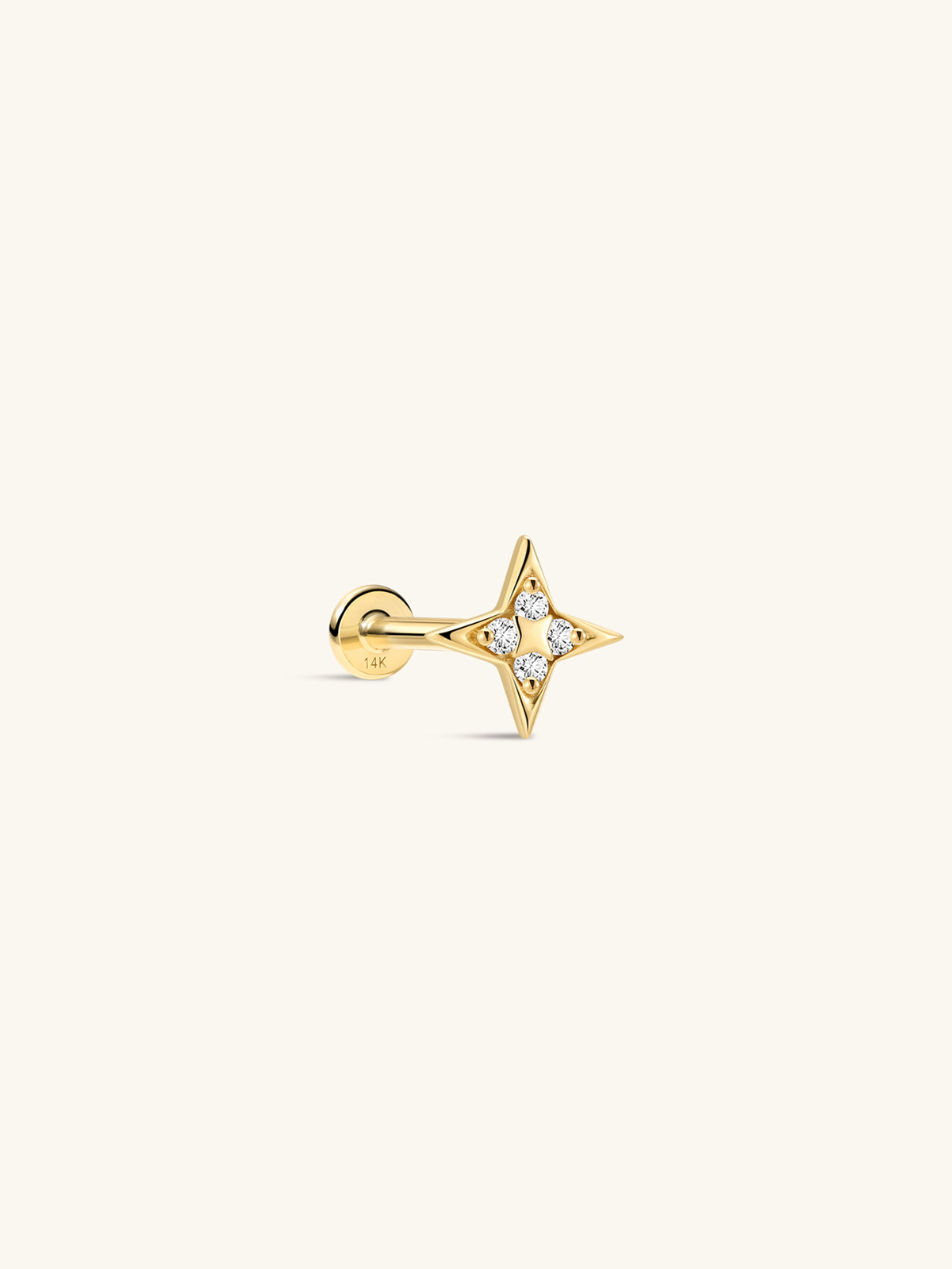 KOSINER Starlight Dainty Four-Point Star Flat Back Stud side profile, crafted in solid 14K gold, sleek four-point star silhouette inlaid with four round clear cubic zirconia stones, internally threaded labret post with 14K stamp, hypoallergenic cartilage piercing ear stud for helix, tragus and lobe wear