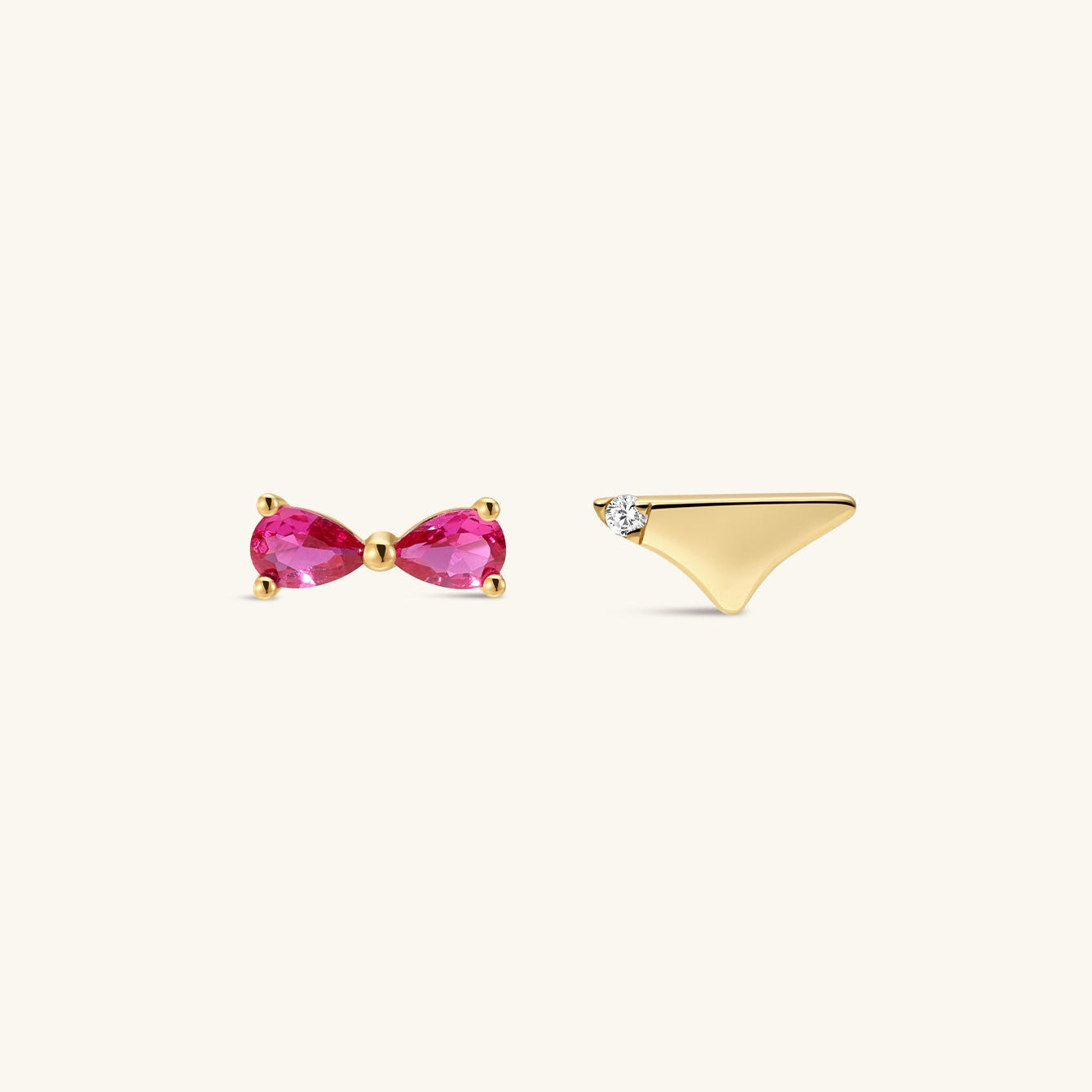 KOSINER Seaspritz delicate bikini silhouette two-style flat back studs set, 14K solid gold polished finish: bow-shaped bikini top with dual pink teardrop gems, triangle bikini bottom with single clear round gem, vacation-inspired cartilage piercing earrings