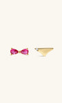 KOSINER Seaspritz delicate bikini silhouette two-style flat back studs set, 14K solid gold polished finish: bow-shaped bikini top with dual pink teardrop gems, triangle bikini bottom with single clear round gem, vacation-inspired cartilage piercing earrings
