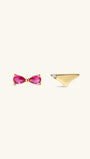 KOSINER Seaspritz delicate bikini silhouette two-style flat back studs set, 14K solid gold polished finish: bow-shaped bikini top with dual pink teardrop gems, triangle bikini bottom with single clear round gem, vacation-inspired cartilage piercing earrings