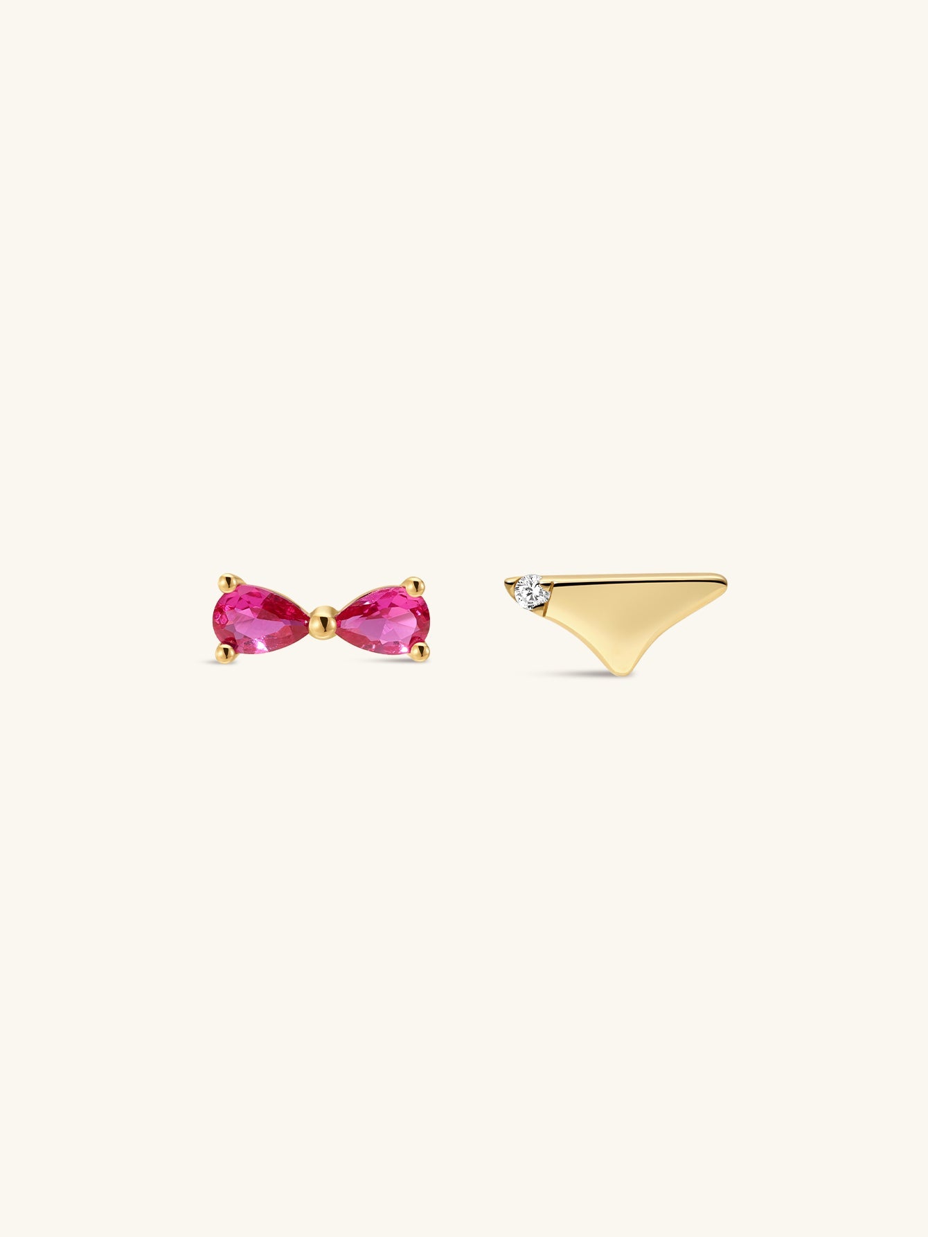 KOSINER Seaspritz delicate bikini silhouette two-style flat back studs set, 14K solid gold polished finish: bow-shaped bikini top with dual pink teardrop gems, triangle bikini bottom with single clear round gem, vacation-inspired cartilage piercing earrings