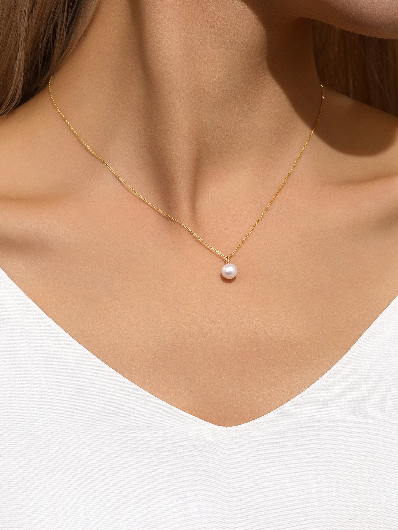 kosiner jewelry 14K Solid Gold Mini Pearl Pendant Necklace