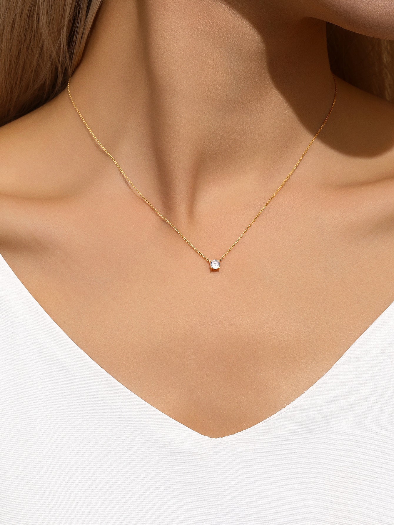 kosiner jewelry 14K Solid Gold Mini Single Zircon Necklace