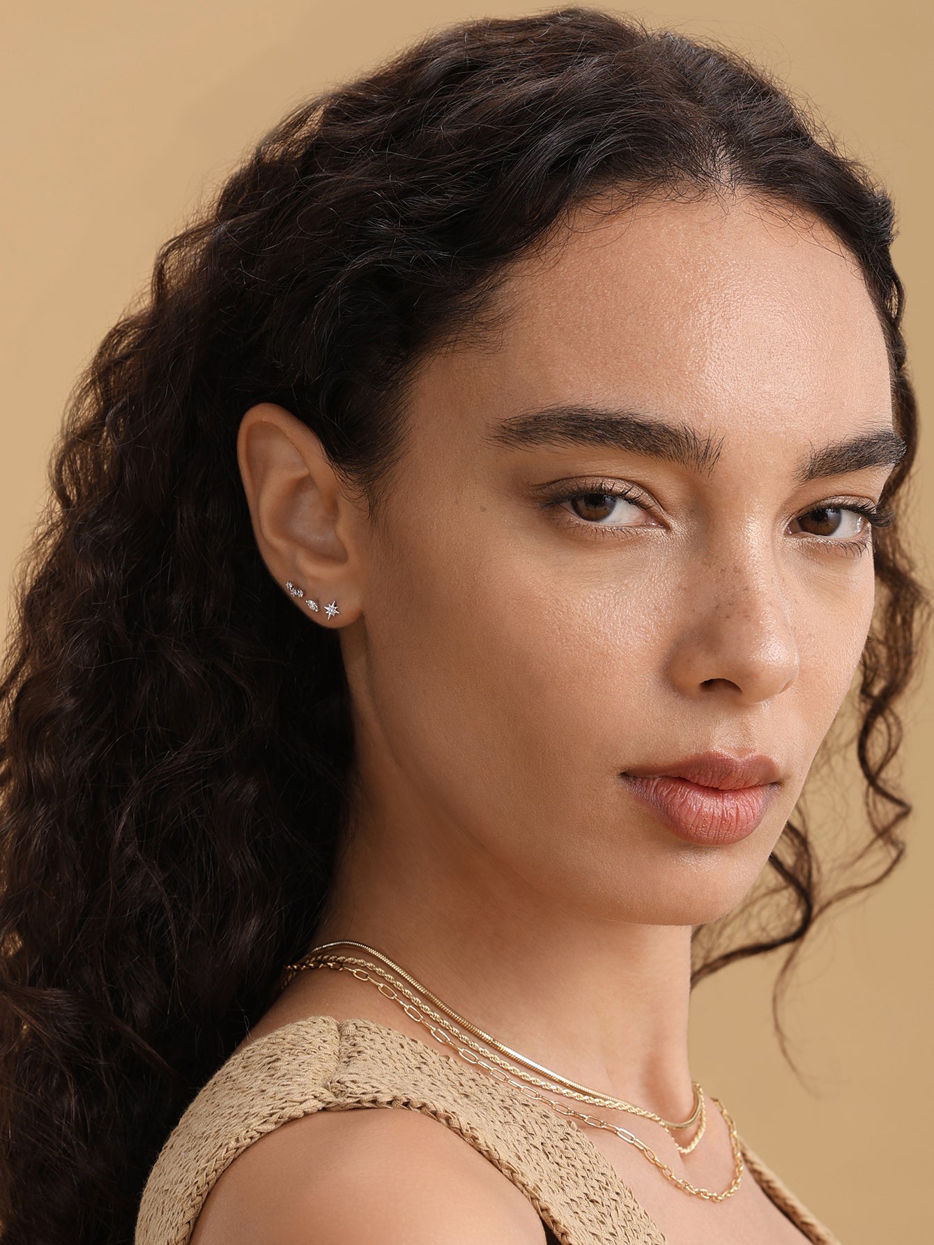 14K Solid Gold Zircon Curve Ear Piercing Stud