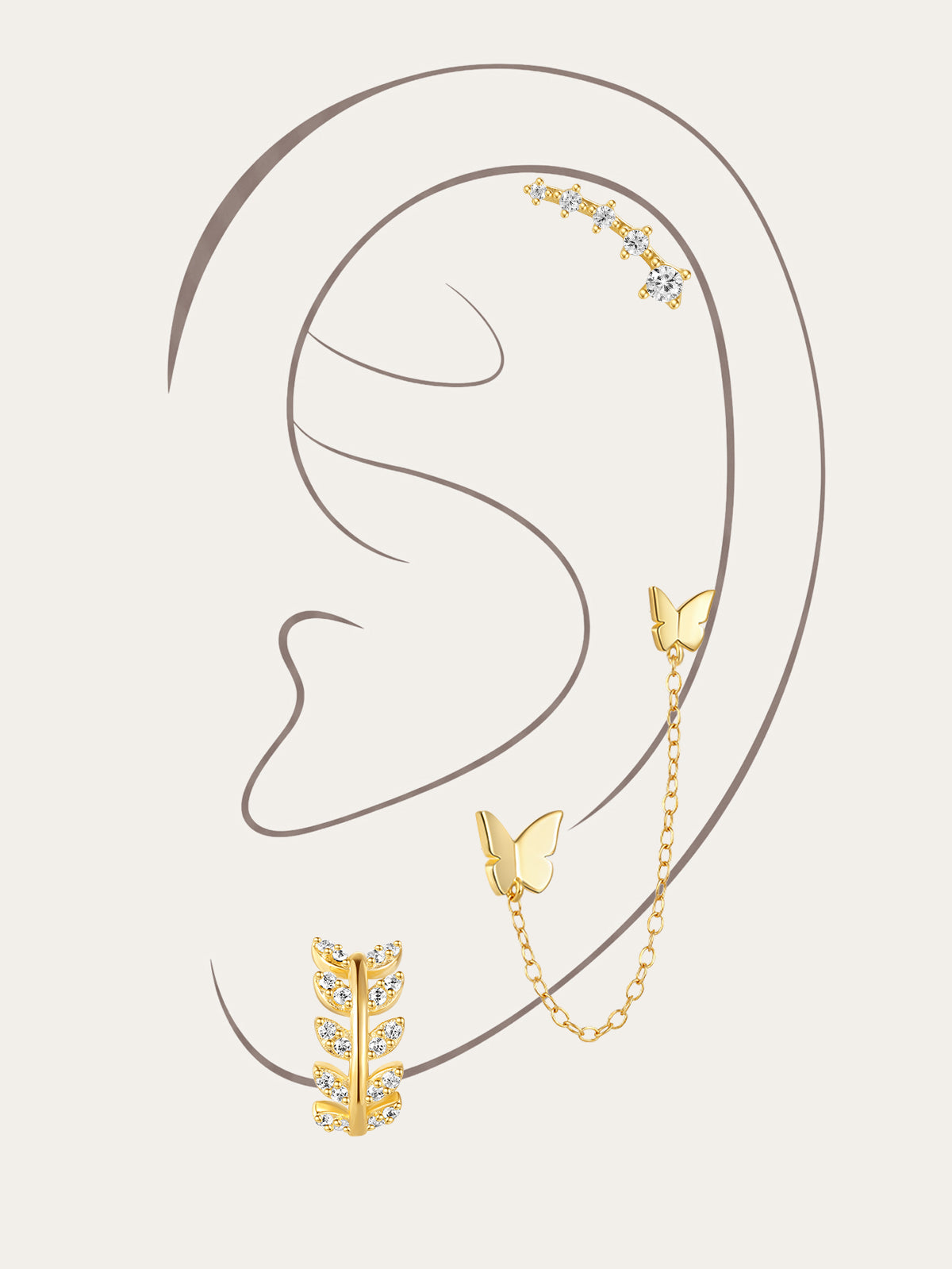 Gold 925 sterling silver earrings with butterfly studs, CZ ear cuff, and chain-linked butterfly jacket.