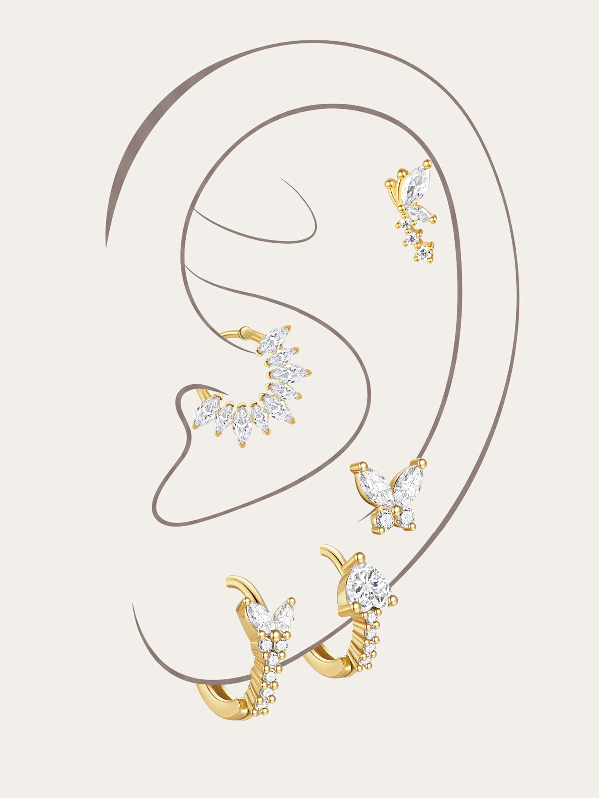 18k gold plated sterling silver earring set with butterfly & leaf CZ designs on ear.