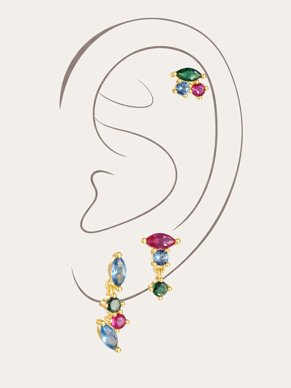 925 Sterling Silver colorful zircon irregular earrings set with marquise and round stones, gold-plated.