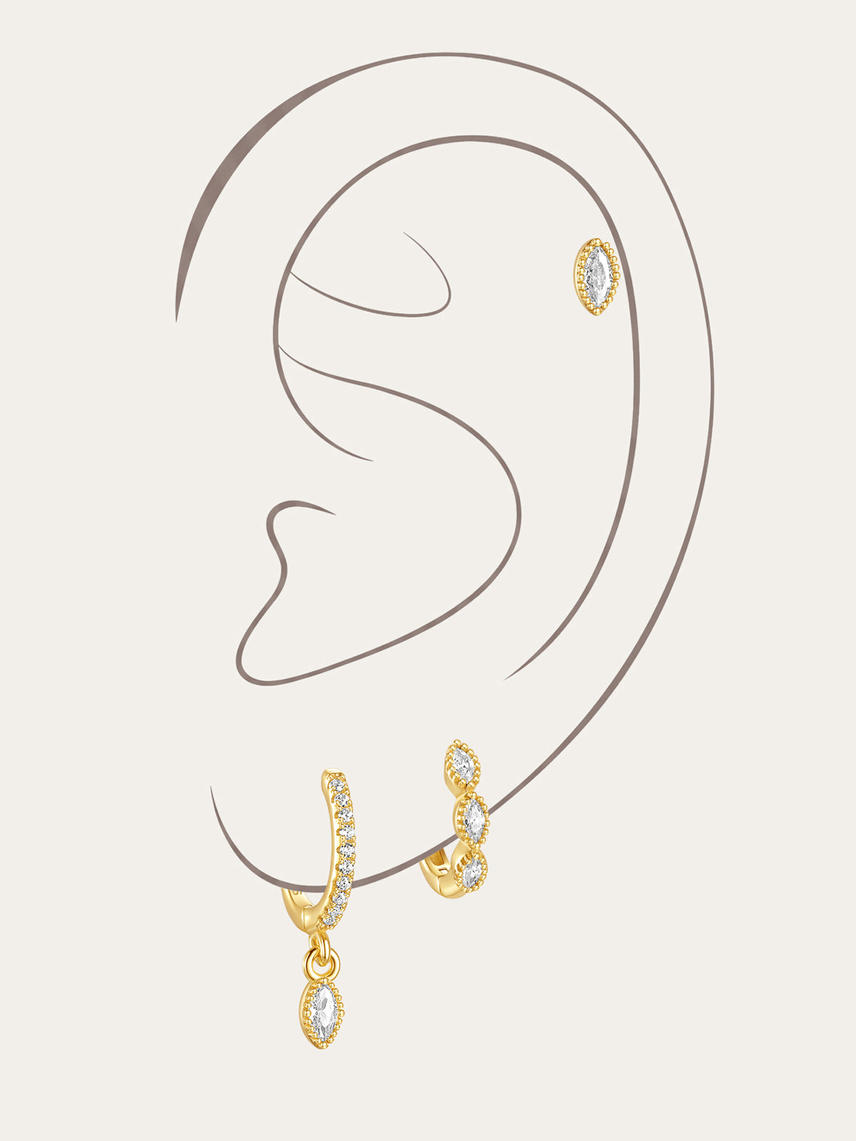 925 Sterling Silver Marquise Zirconia Hoop and Stud Earrings - 18K Gold Plated.
