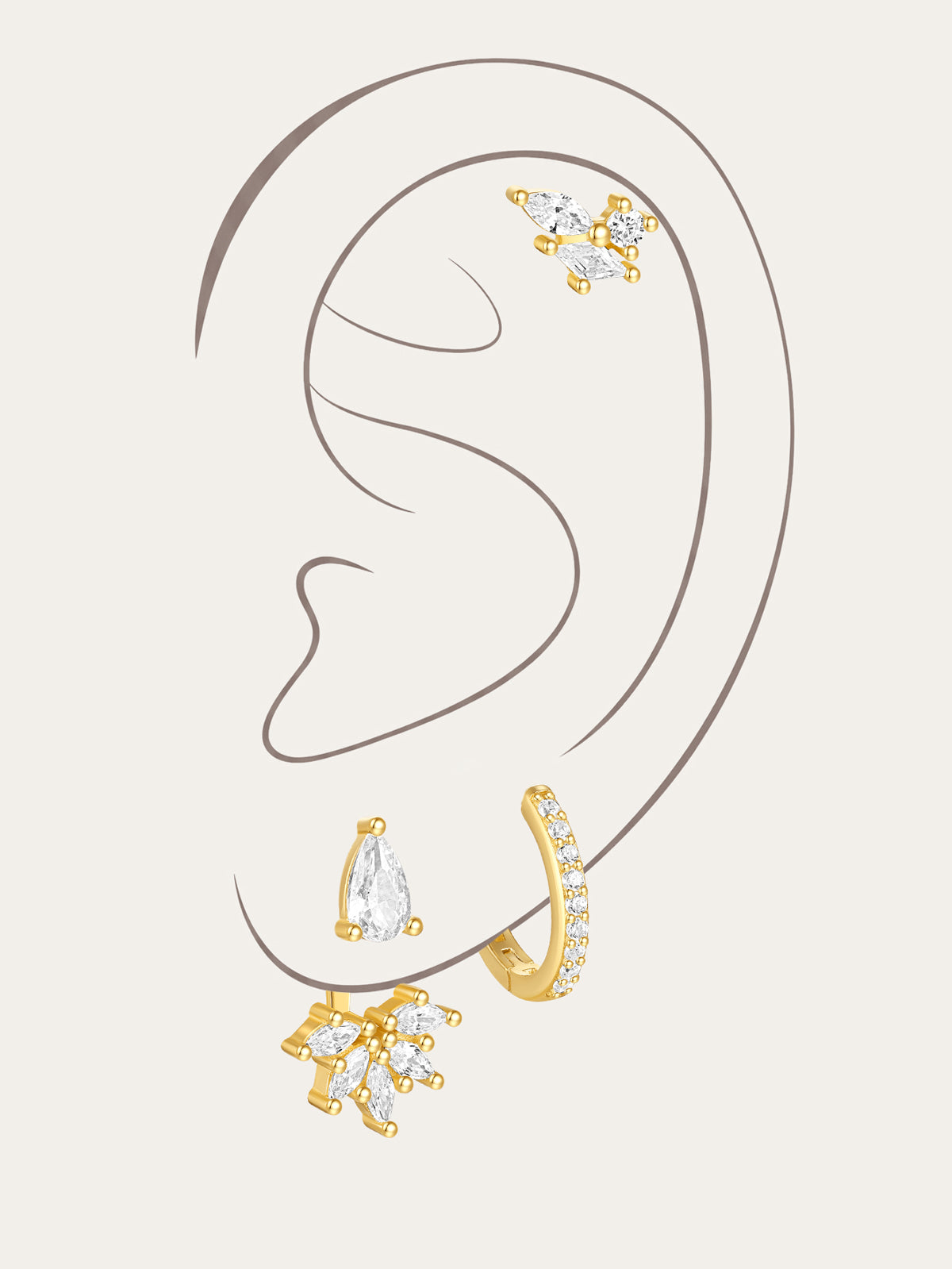 Gold 925 Sterling Silver Flower Teardrop Zirconia Combo Earrings.