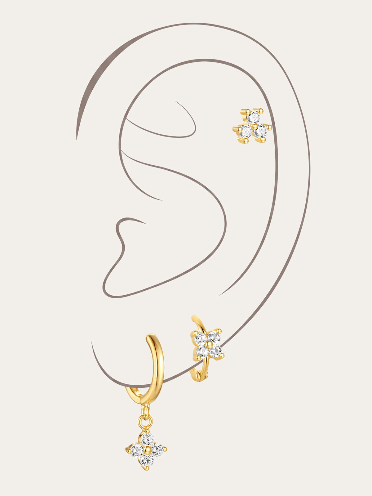 Gold plated sterling silver floral zirconia earrings collection: stud, hoop, dangle.