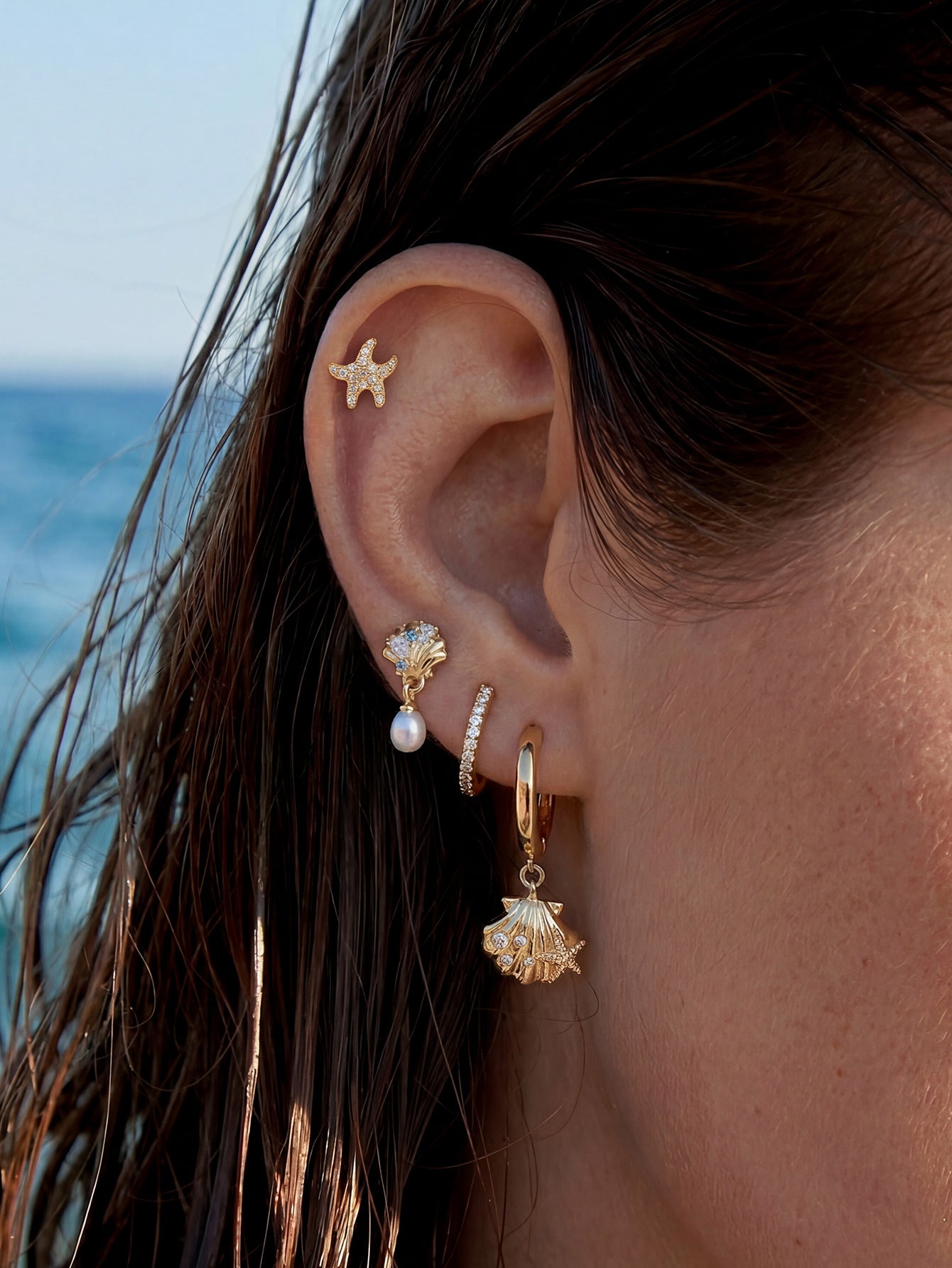 KOSINER Summer beach ocean-themed flat back ear piercing for ear stack