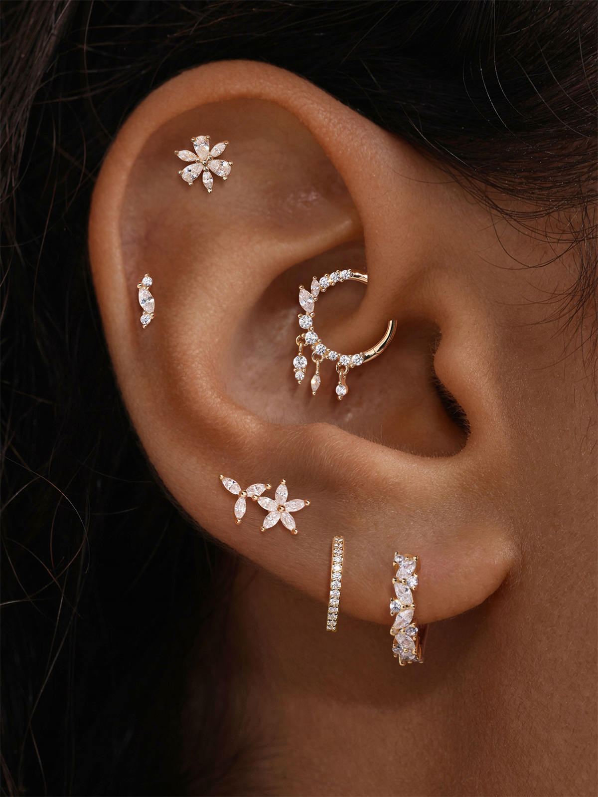 KOSINER 925 Sterling Silver Mixed Marquise Pear CZ Cluster Curved Piercing Stud, Nickel-Free Dainty Sparkling Cartilage Earring for Multi Ear Stack Piercing