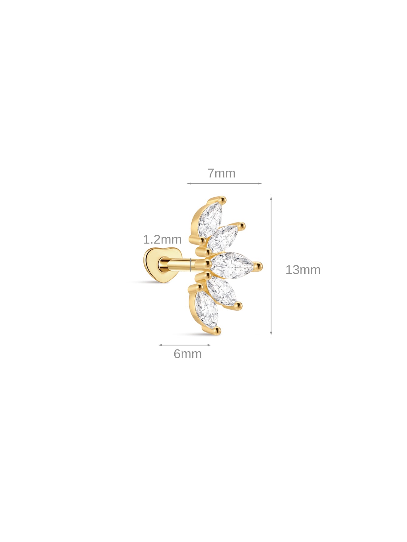 Boucle d'oreille piercing élégante couronne en argent sterling 925 et cœur en zircon