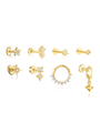 Collection of 925 sterling silver gold plated earrings: moon, stars, heart, gems, hoop, and dangle designs.
