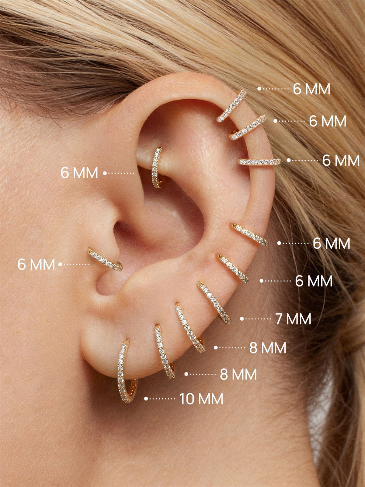 KOSINER 6/7/8/10mm 14K gold hoop size guide, perfect fit for different ear piercings