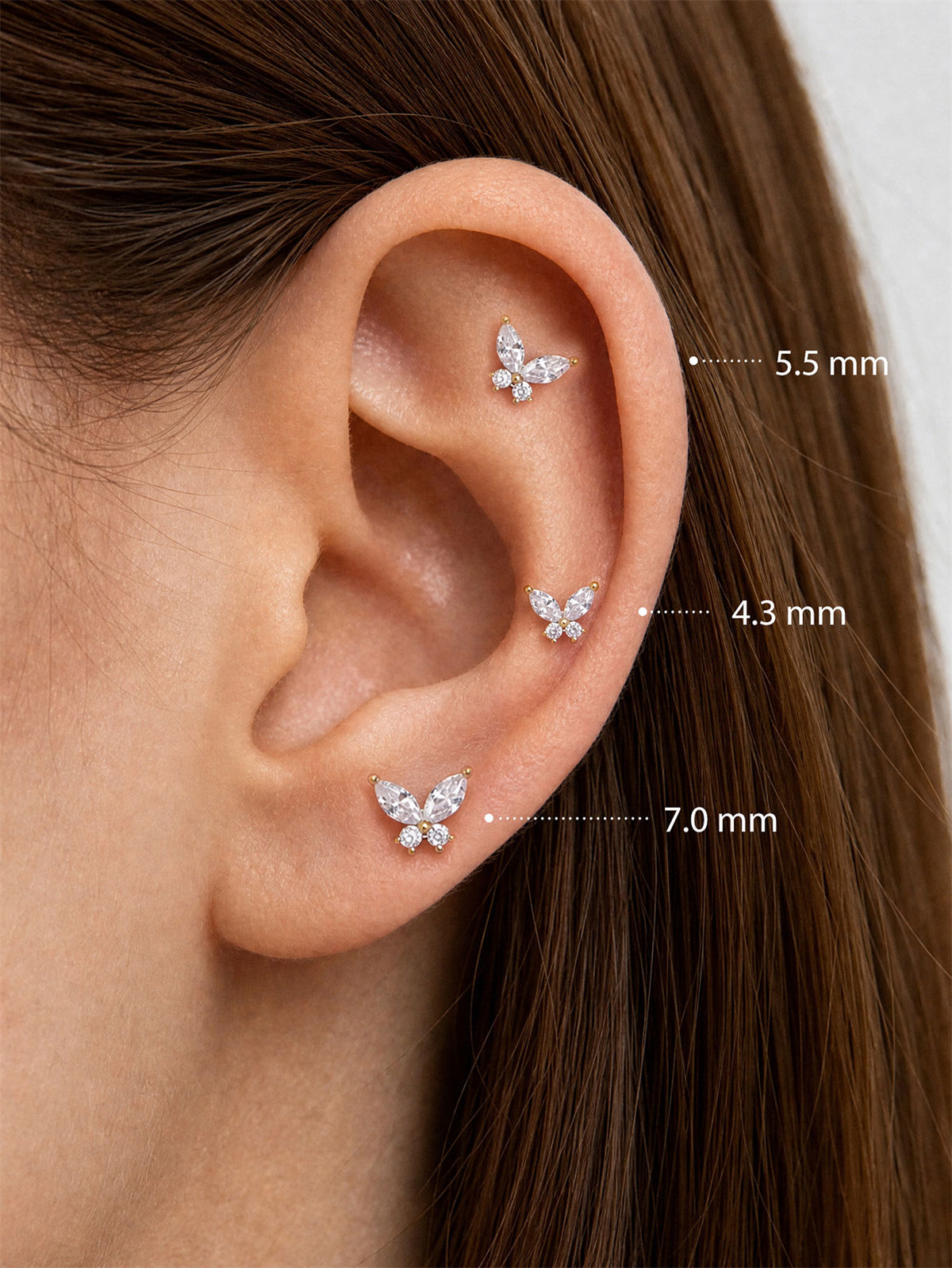 Three size butterfly ear studs (4.3mm/5.5mm/7.0mm) for kosiner curated ear stack layering