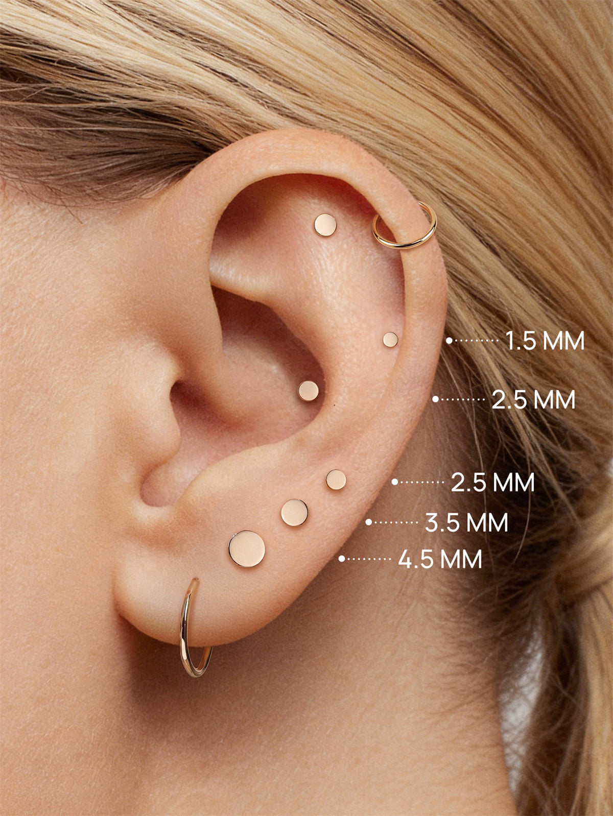KOSINER four size gold disc flat back studs: 1.5mm, 2.5mm, 3.5mm, 4.5mm