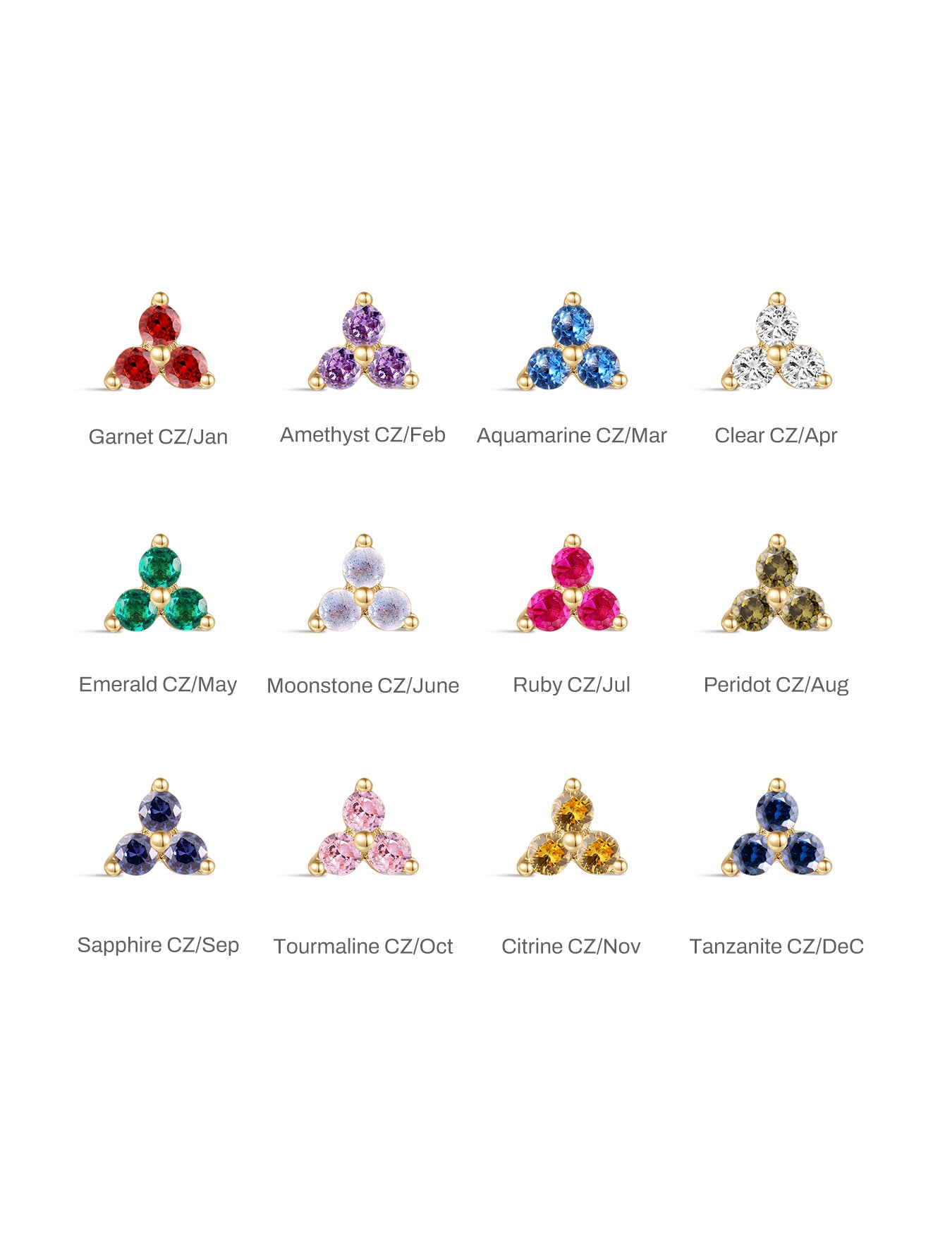 14K massief gouden Trinity glanzende geboortesteen Stud