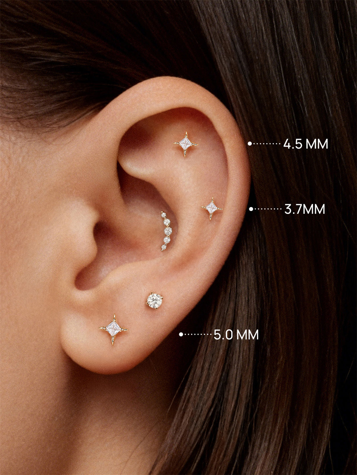 KOSINER 14K Solid Gold Four-Point Star Flat Back Stud, Hypoallergenic Cartilage Earring for Helix Piercing