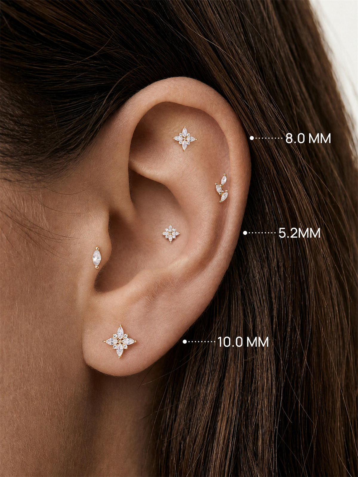 KOSINER Floral Stud Size Guide (5.2/8.0/10.0mm), 14K Gold Flat Back Piercing Earring