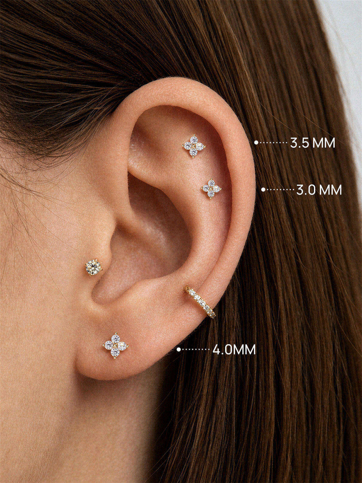 KOSINER 14K Solid Gold Four-Petal Flower Flat Back Stud, 3/3.5/4mm sizes, waterproof hypoallergenic for helix conch piercings
