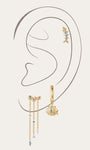 KOSINER 925 sterling silver gold oceanic drop earrings set, presented on a minimalist ear outline illustration, including fish bone cartilage stud, shell charm hoop earring and starfish tassel dangle earring with blue, pink and clear cubic zirconia stones