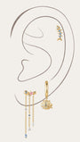 KOSINER 925 sterling silver gold oceanic drop earrings set, presented on a minimalist ear outline illustration, including fish bone cartilage stud, shell charm hoop earring and starfish tassel dangle earring with blue, pink and clear cubic zirconia stones