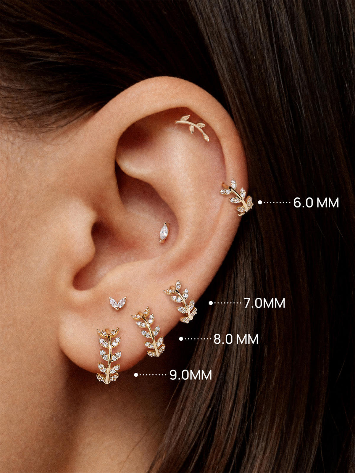 KOSINER 14K Solid Gold Delicate Leaf Huggie Hoop, 6/7/8/9mm sizes, waterproof hypoallergenic cartilage piercing earring