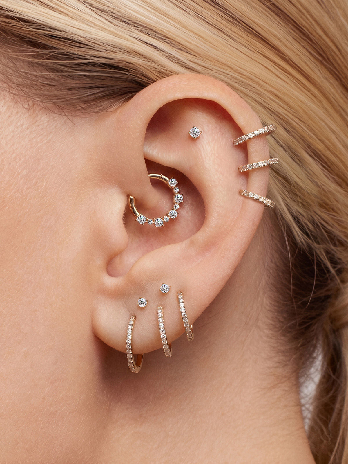 KOSINER 14K Solid Gold Delicate Pave Cluster Daith Clicker Hoop, Nickel-Free Waterproof Dainty CZ Paved Cartilage Piercing Jewelry for Women