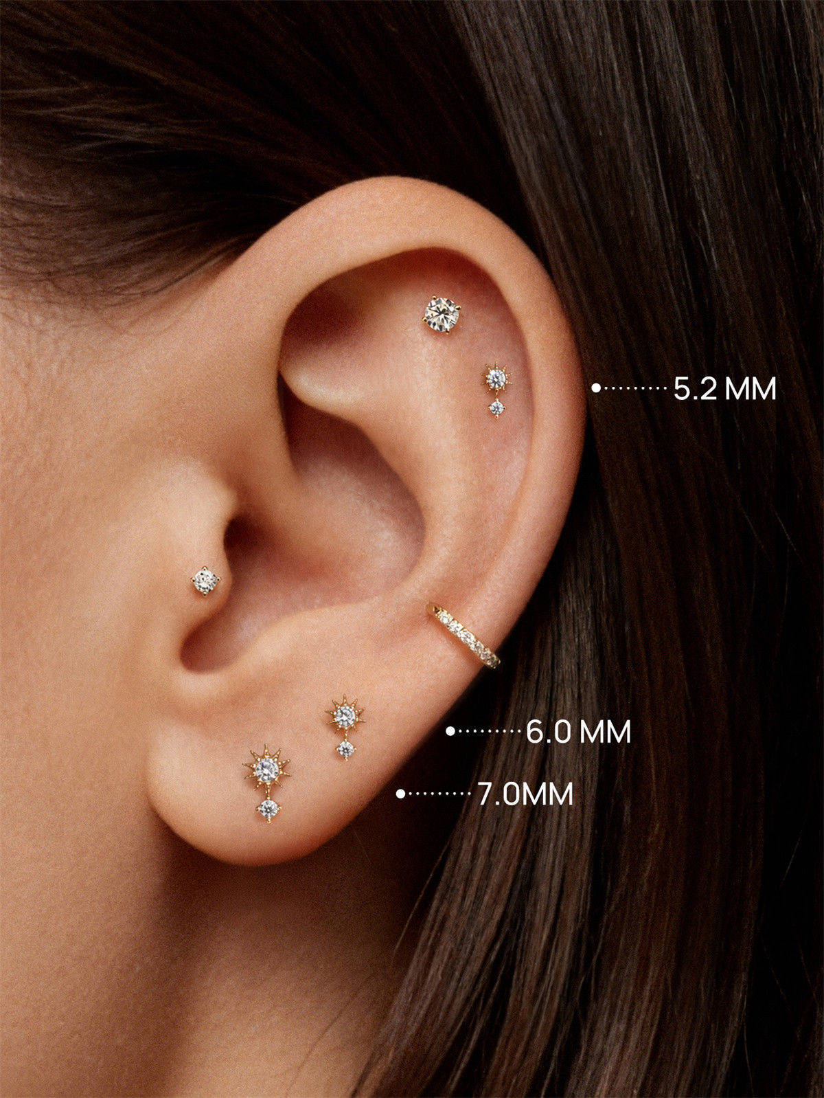 KOSINER Sunflower Stud Size Guide (5.2/6.0/7.0mm), 14K Gold Cartilage Earring