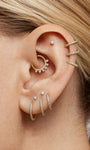 14K gold ear curation: sunburst daith hoop, crystal cuff, floral, heart, ball studs w/ AAAAA cubic zirconia.