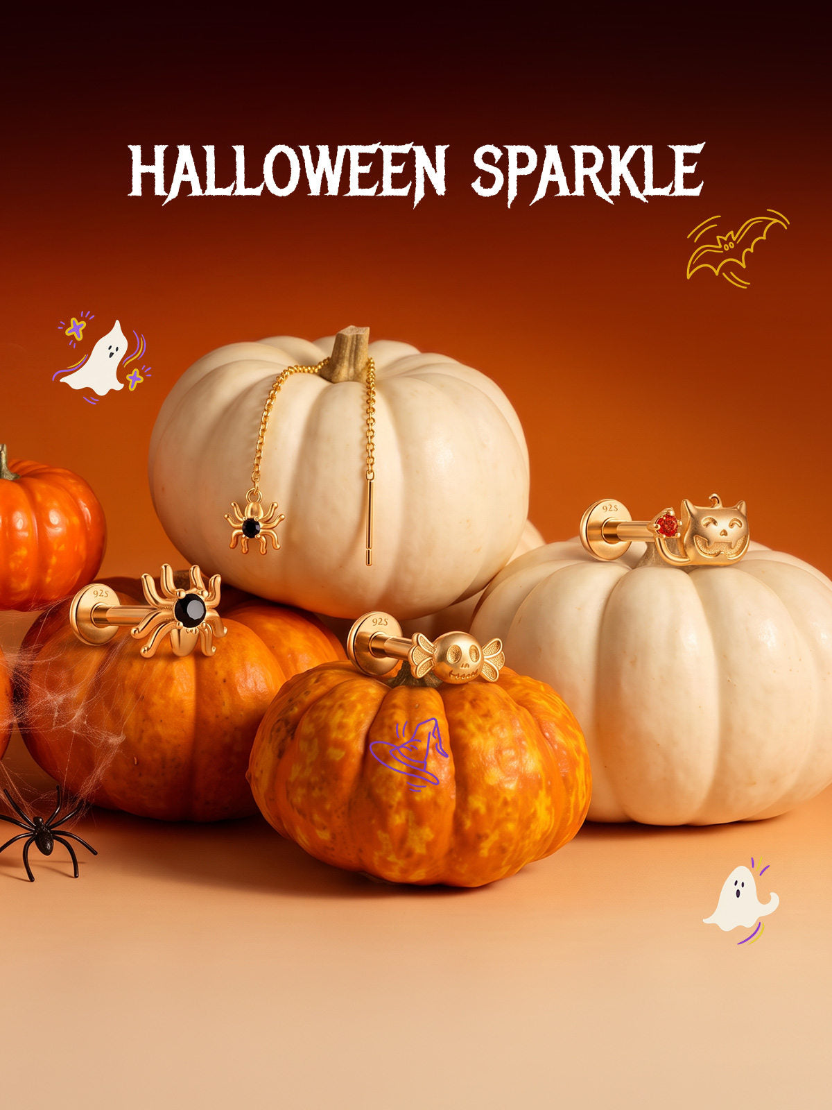 Kosiner Jewelry KOSINER 925 Sterling Silver Halloween Spooky Pumpkin Flat Back Stud