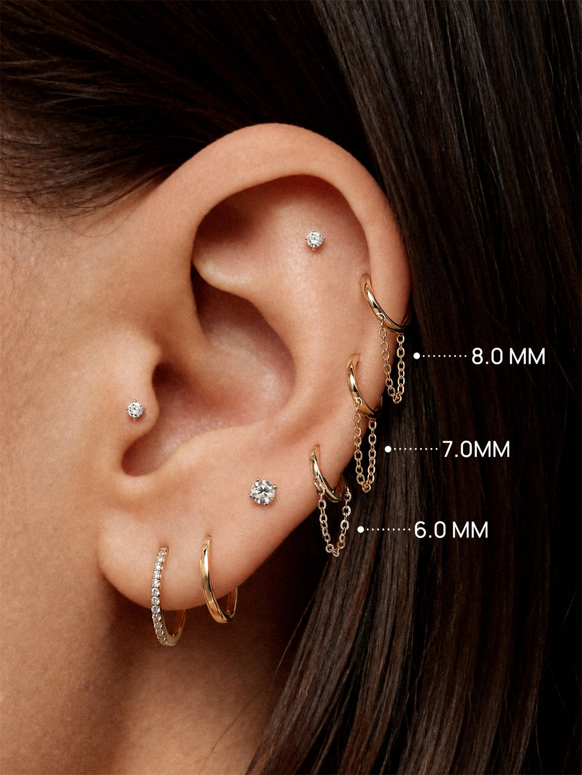KOSINER 14K Solid Gold Chain Drop Huggie Hoop, Hypoallergenic Cartilage Earring for Helix Piercing