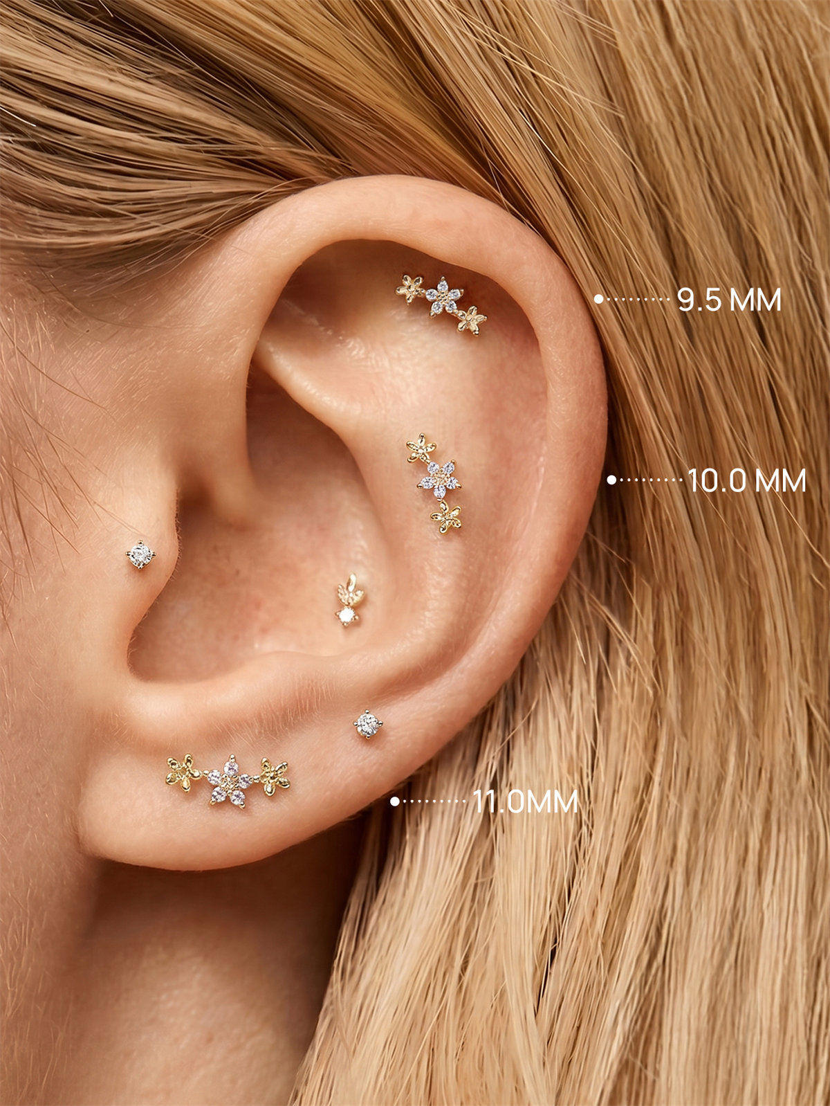 KOSINER Flower Trio Stud Size Guide (9.5/10.0/11.0mm), 14K Gold Flat Back Piercing Earring