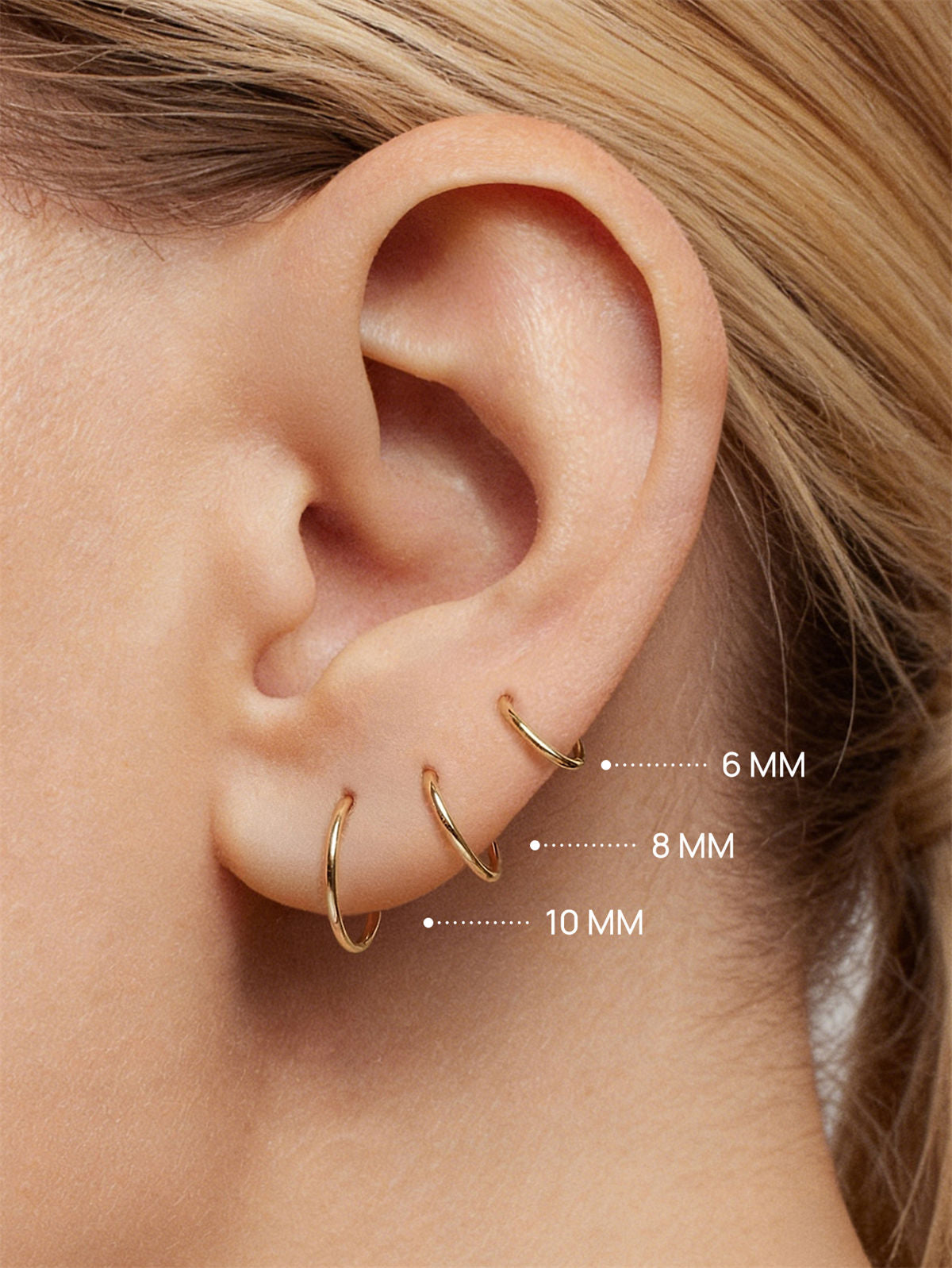 KOSINER 14K solid gold minimalist hoop earrings, multi-size options (6/8/10mm) with polished finish