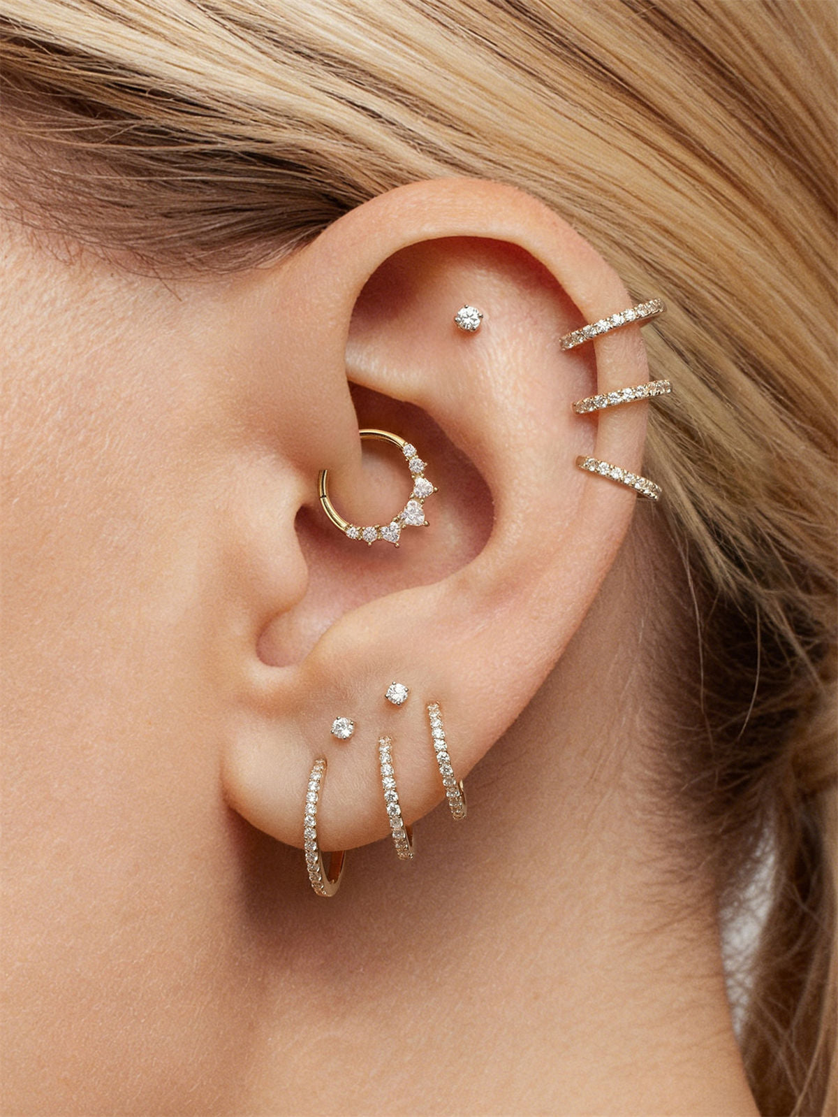 KOSINER 14K Solid Gold Classic Crystal Pave Hoop, curated ear stacking look for helix conch tragus piercings
