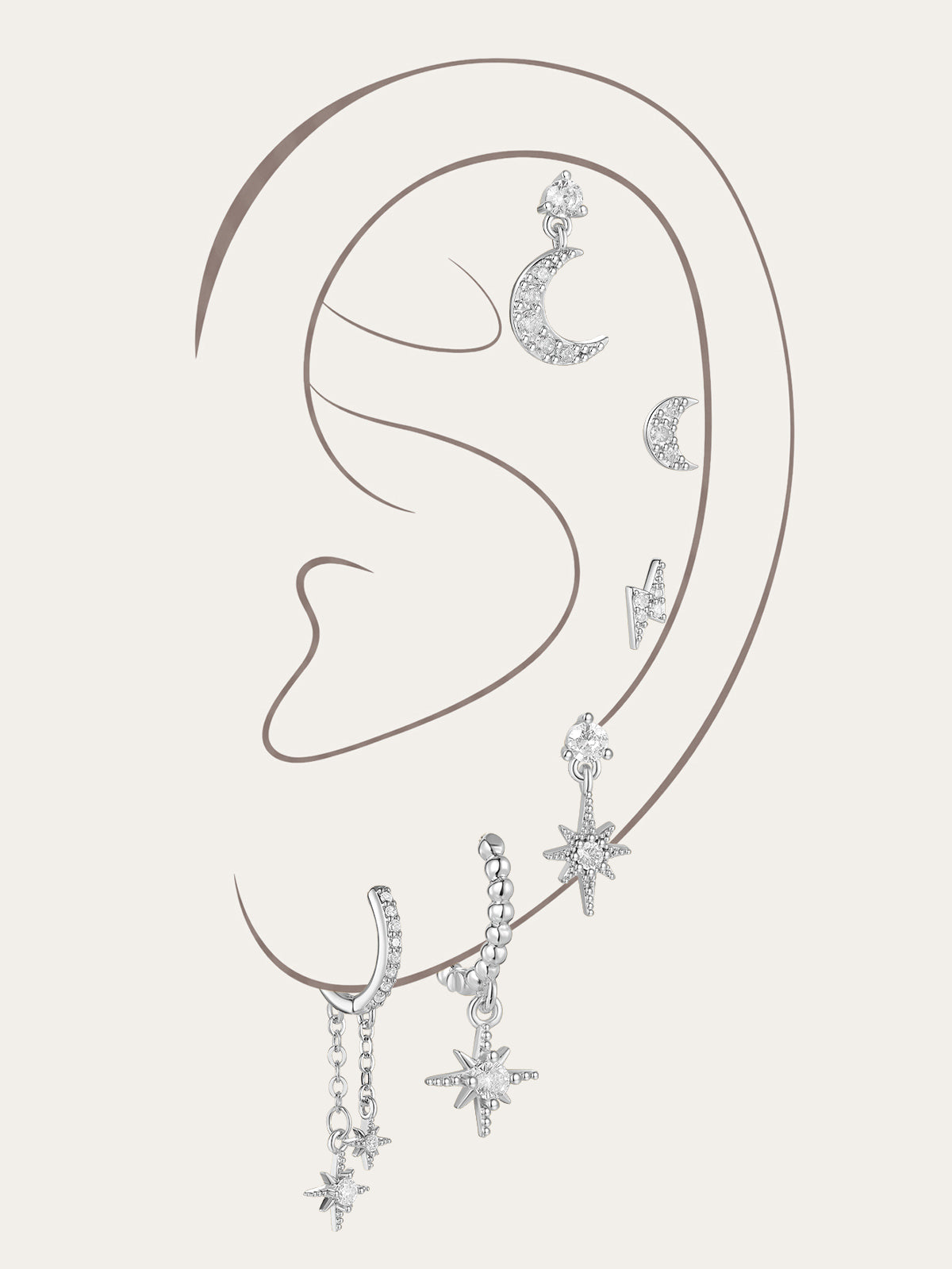 S925 Star and Moon Zircon Earring Set - Kosinerjewelry