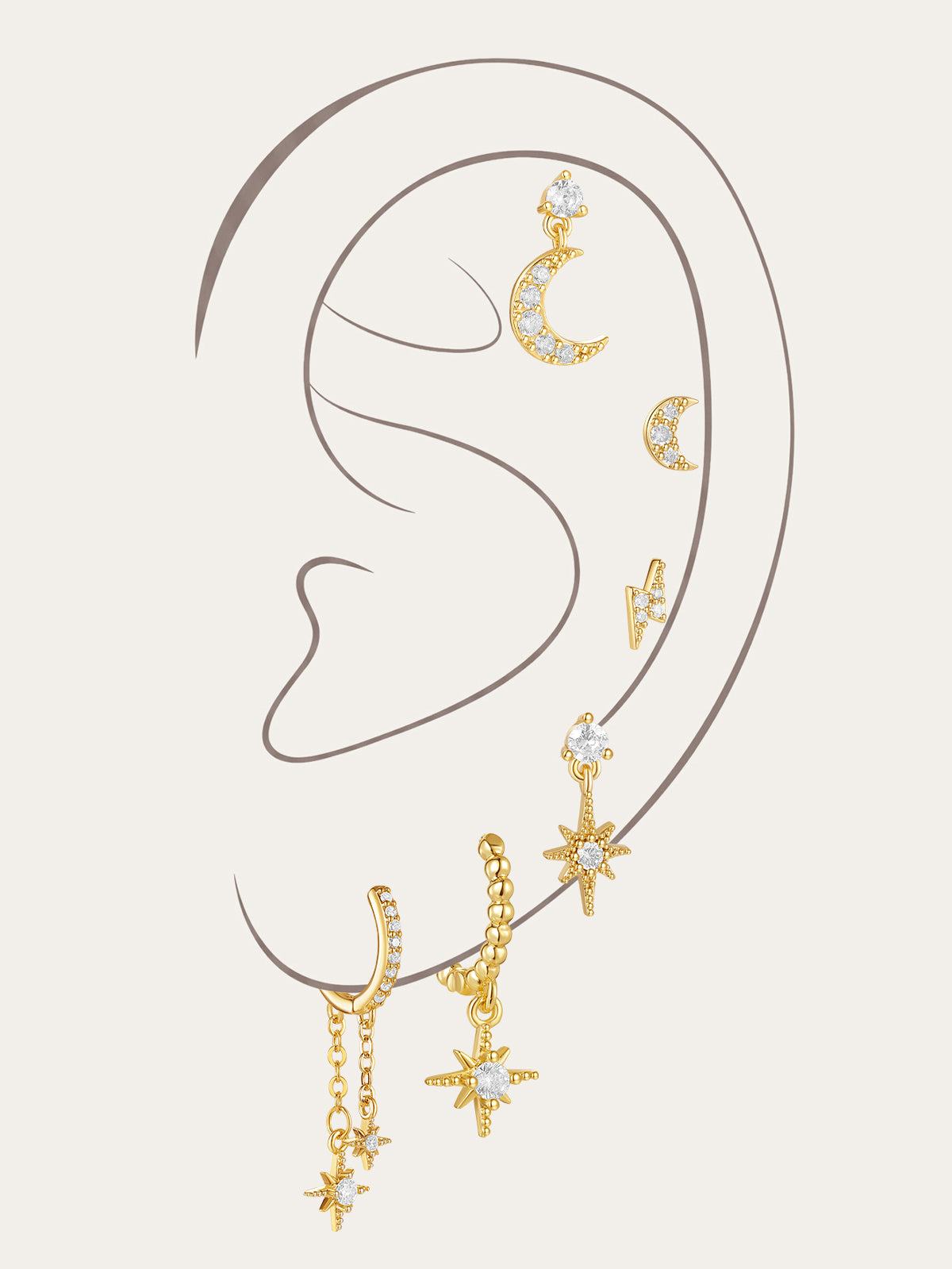 S925 Star and Moon Zircon Earring Set - Kosinerjewelry