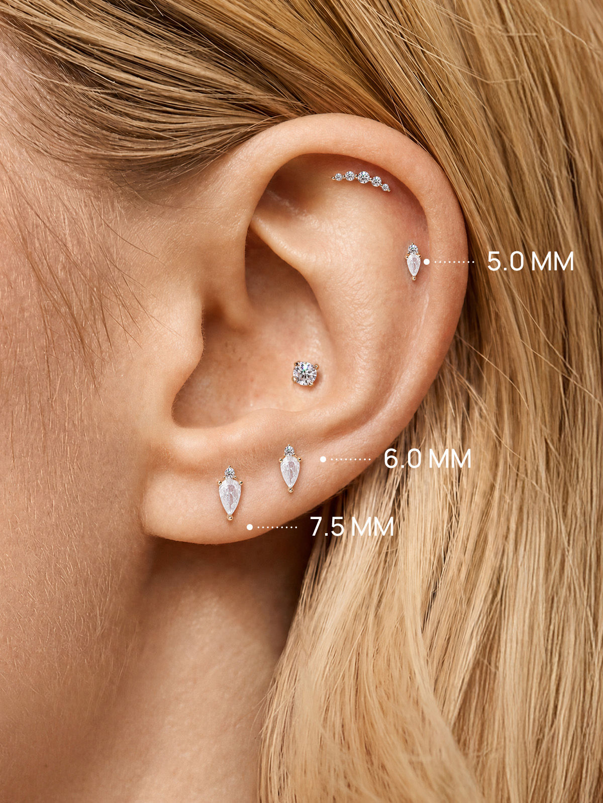 KOSINER 14K Solid Gold Minimalist Two Stone Pear Cut Flat Back Piercing Stud, Nickel-Free Waterproof Dainty Elegant Cartilage Earring for Multi Piercing