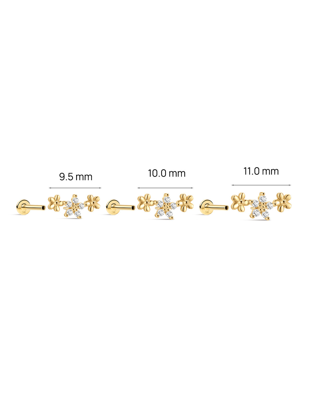 KOSINER Flower Trio Stud Size Guide (9.5/10.0/11.0mm), 14K Gold Flat Back Piercing Earring