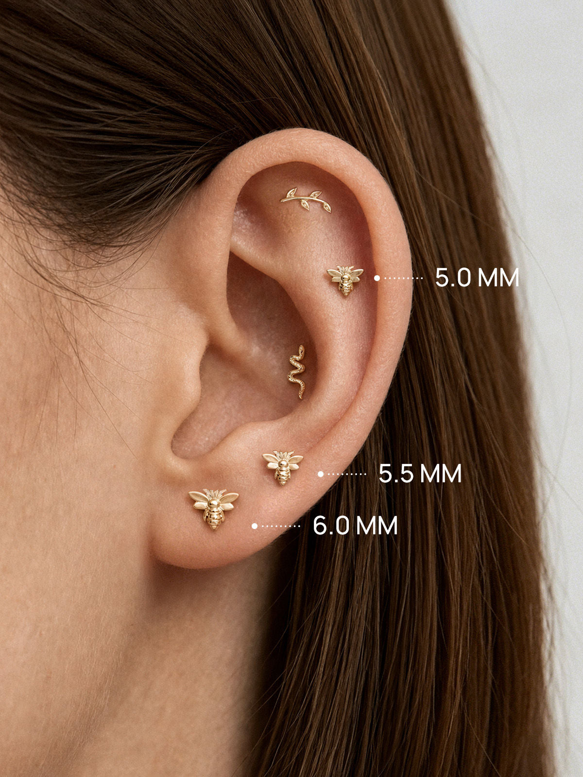 KOSINER Gloss Flying Bee Flat Back Stud in 5.0mm 5.5mm 6.0mm, 14K Solid Gold Internal Thread Piercing Stud