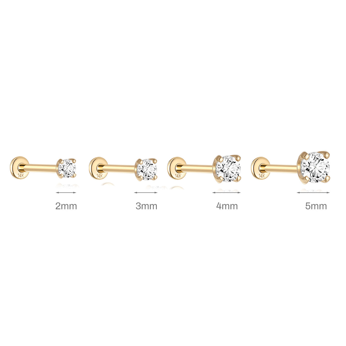 14K solid gold mini stud earrings with cubic zirconia in sizes 2mm to 5mm, showing flat back posts.