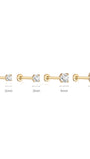 14K solid gold mini stud earrings with cubic zirconia in sizes 2mm to 5mm, showing flat back posts.