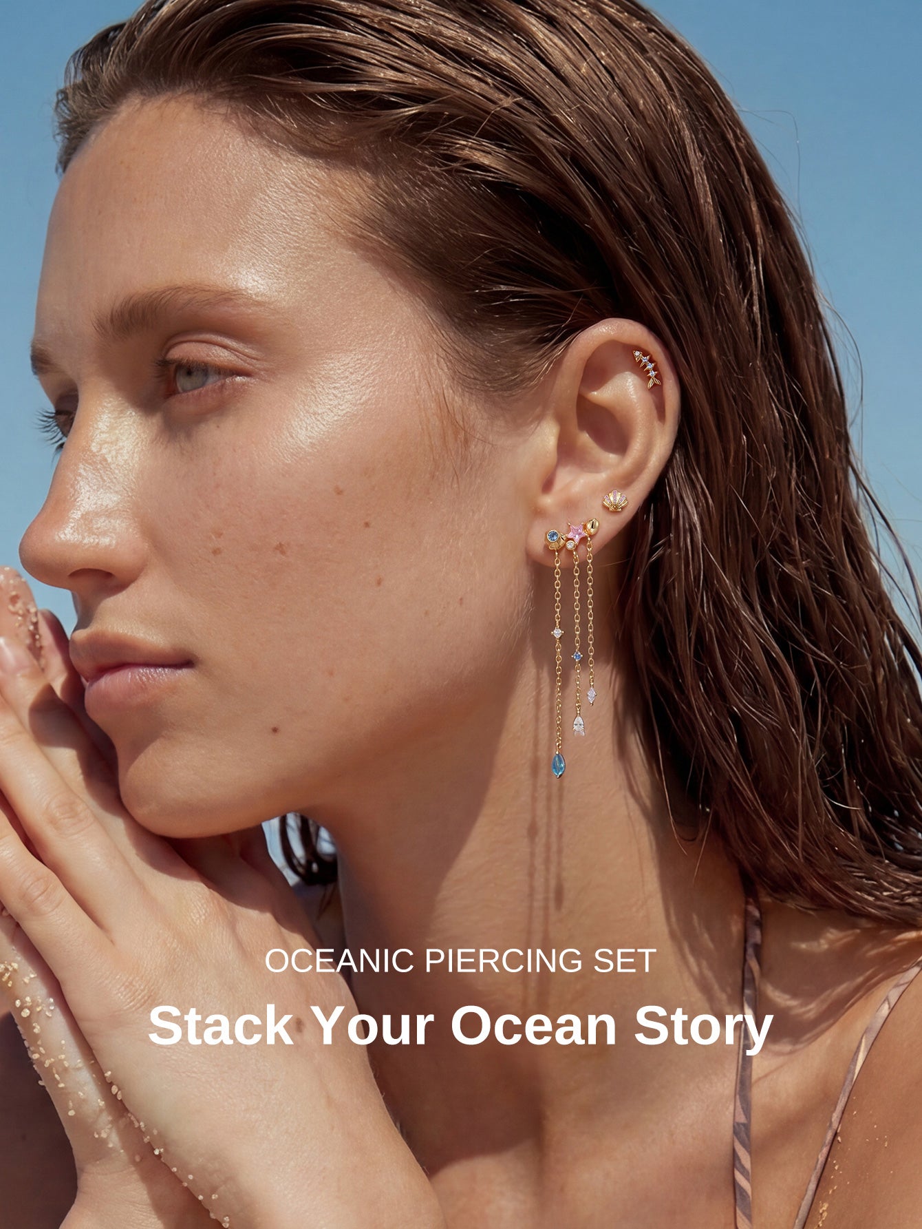 KOSINER Summer beach ocean-themed flat back ear piercing for ear stack layering