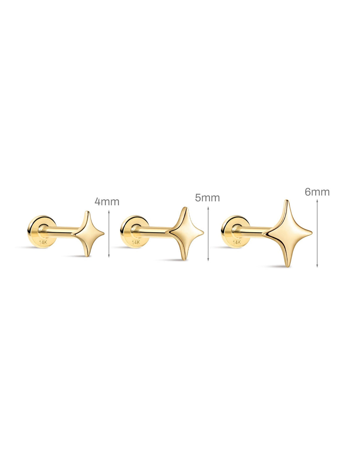KOSINER three size glossy star flat back studs: 4.0mm, 5.0mm, 6.0mm