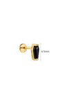 6.5mm dimension reference of 14K solid gold black coffin flat back stud, black onyx goth cartilage piercing earring white background