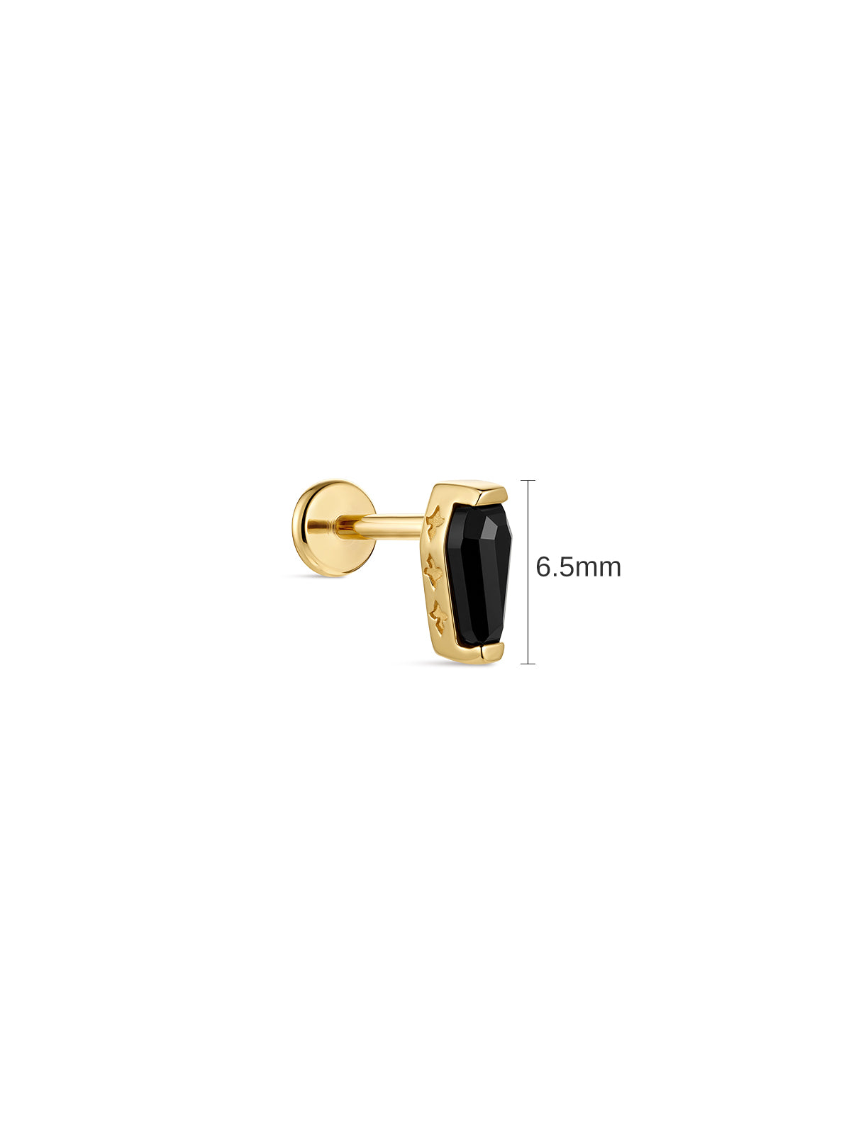 6.5mm dimension reference of 14K solid gold black coffin flat back stud, black onyx goth cartilage piercing earring white background