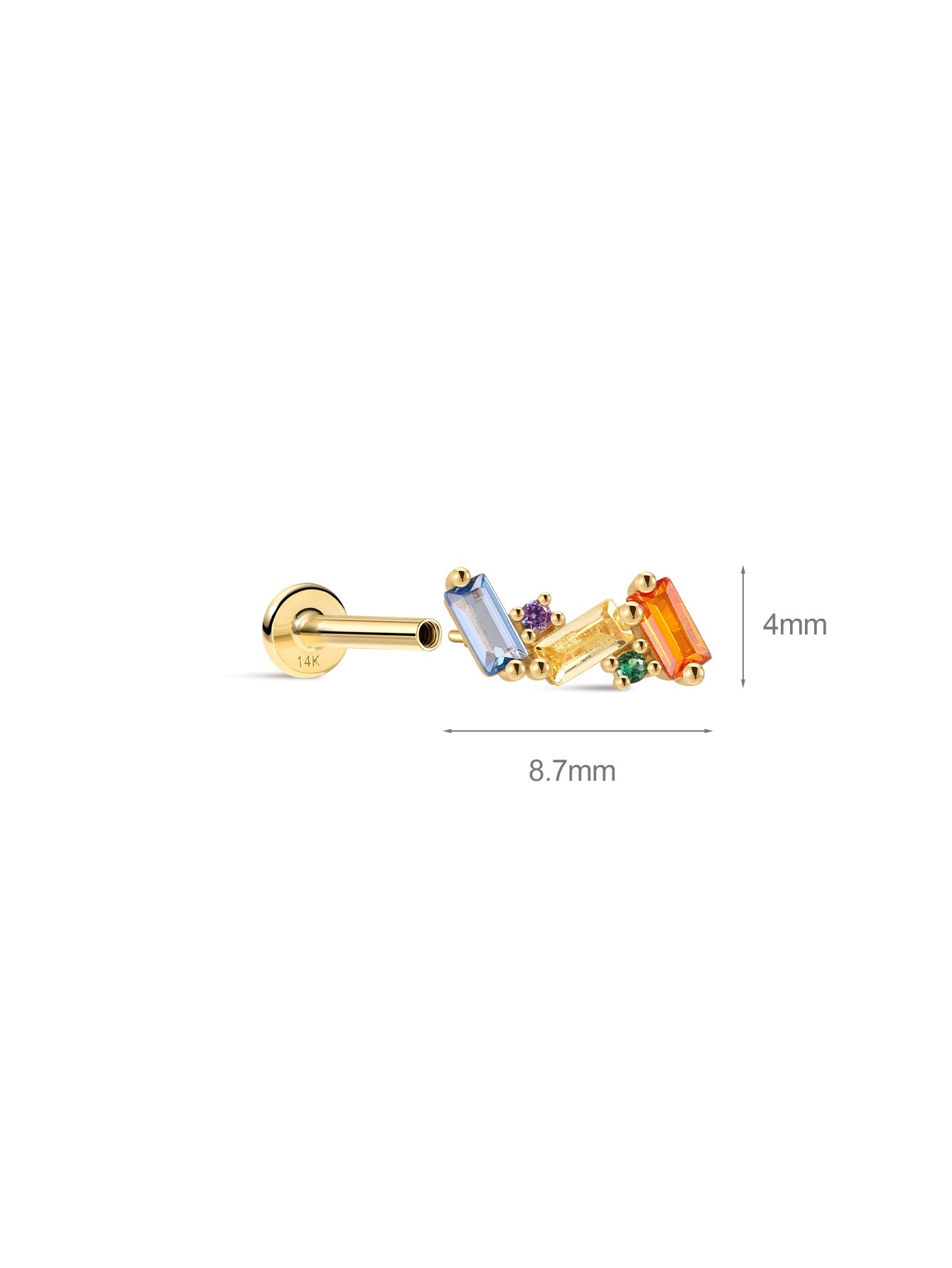Five-color rainbow dual-shape spliced KOSINER 14K solid gold flat back stud, pear cut colored cz cluster internal thread cartilage piercing earring